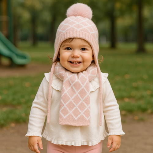 Βρεφικό Σκουφάκι Μάλλινο Pink white set cap scarf_85540
